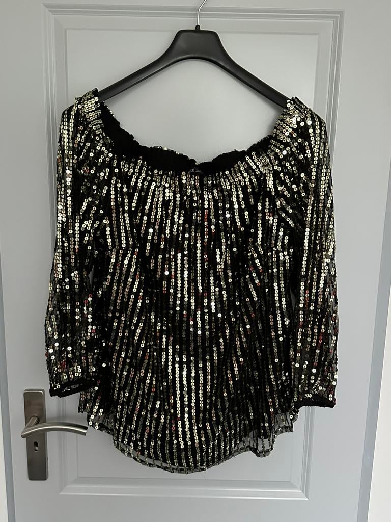 Zgan glittertop glittershirt offshoulder Capsule mt. 50, Ophalen of Verzenden, Zo goed als nieuw, Blauw, Broek of Spijkerbroek