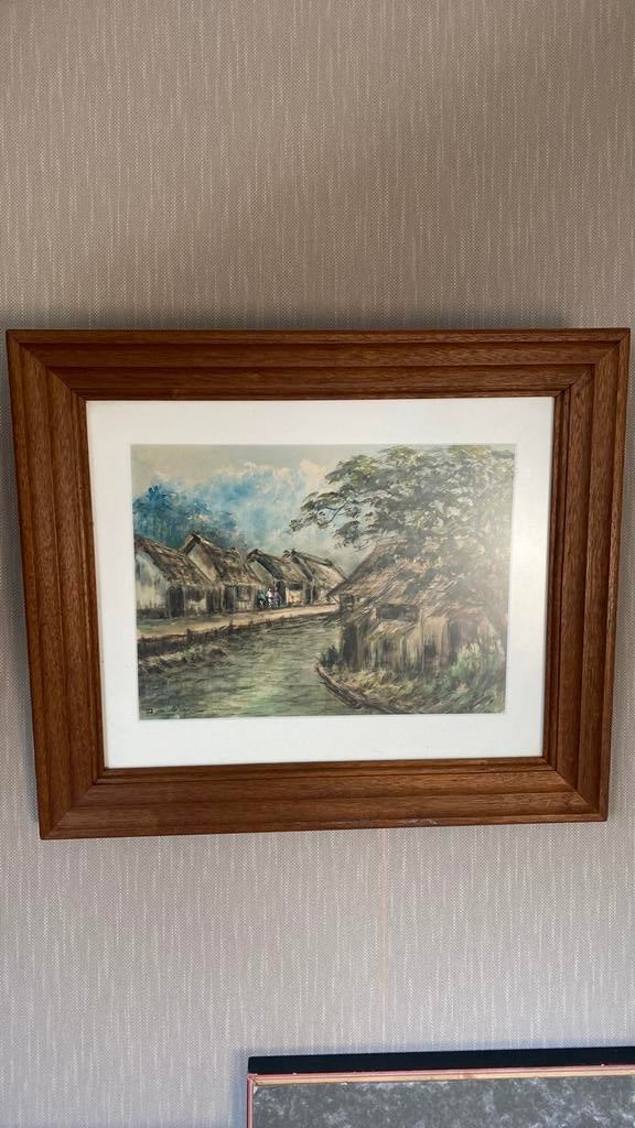 Schilderij Aquarel Indonsie dorp, Antiek en Kunst, Kunst | Schilderijen | Klassiek, Ophalen of Verzenden