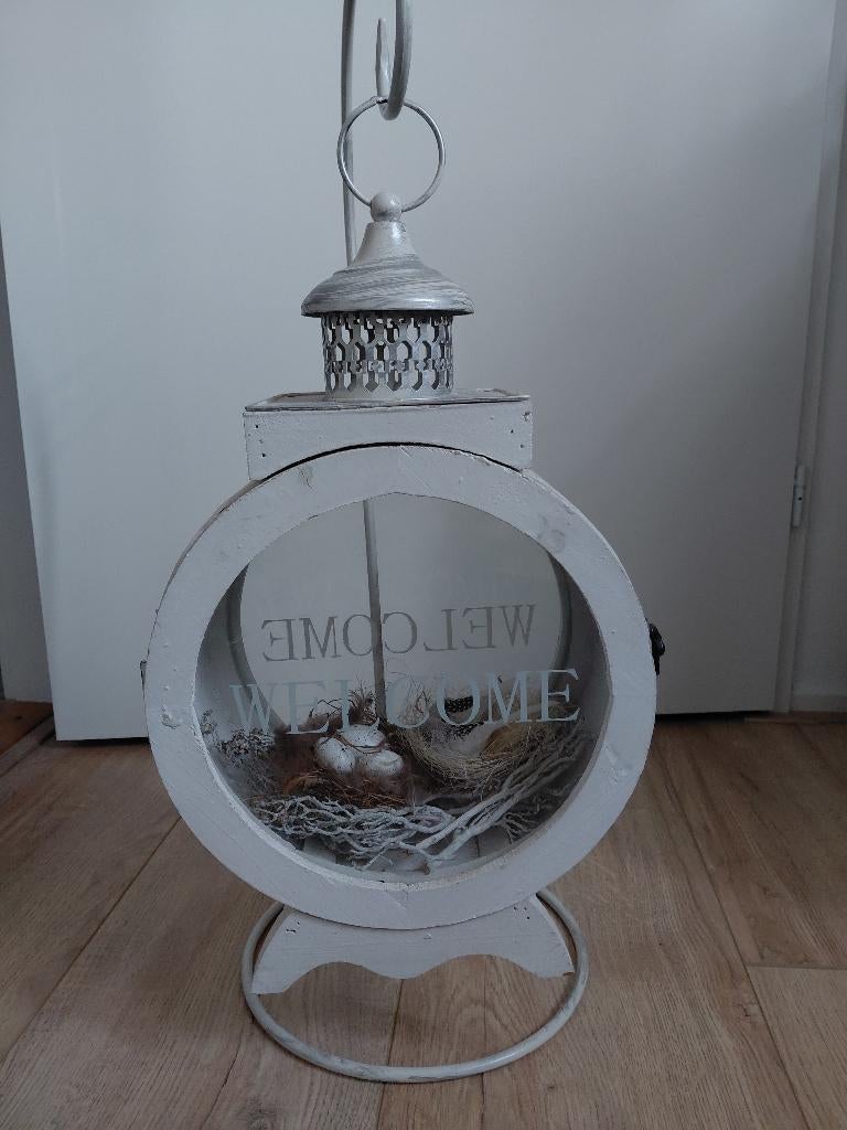 Houten windlicht met metalen standaard, Ophalen, Gebruikt, Wit, 75 cm of meer