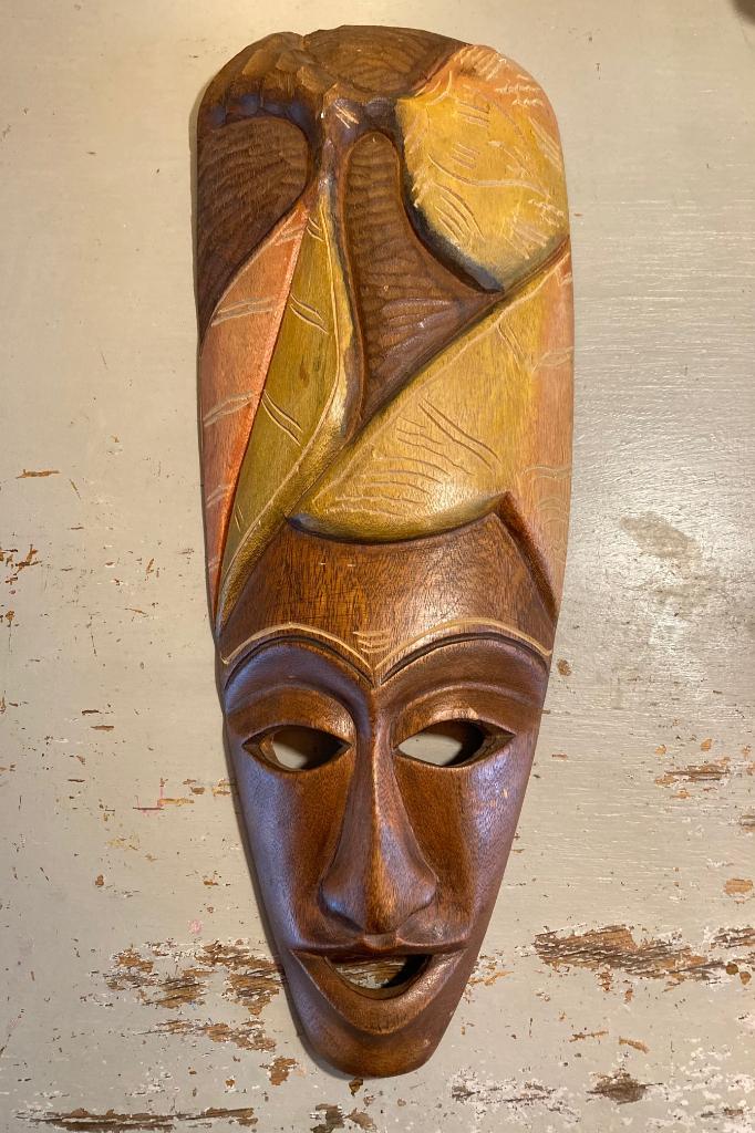 Vintage retro Mid Century houten Afrikaans masker decoratie, Wandsculptuur, Handgemaakt, Hout, Ophalen of Verzenden