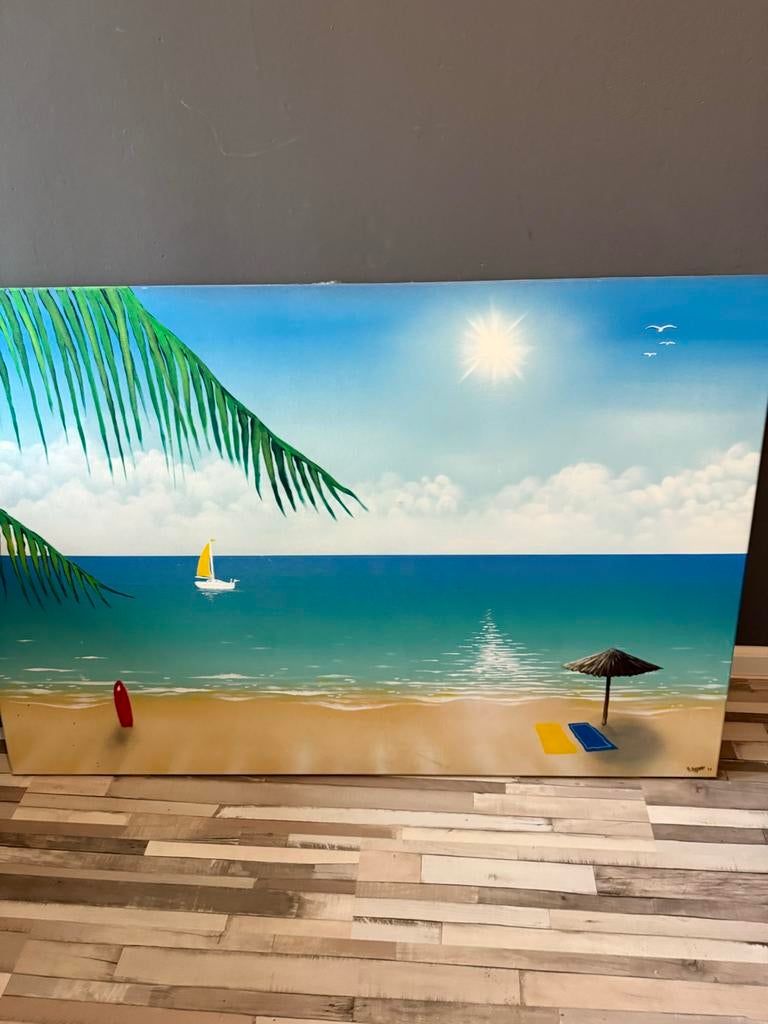 Zomers Airbrush Schilderij Strand Zee Palmboom Zeilboot, Ophalen of Verzenden