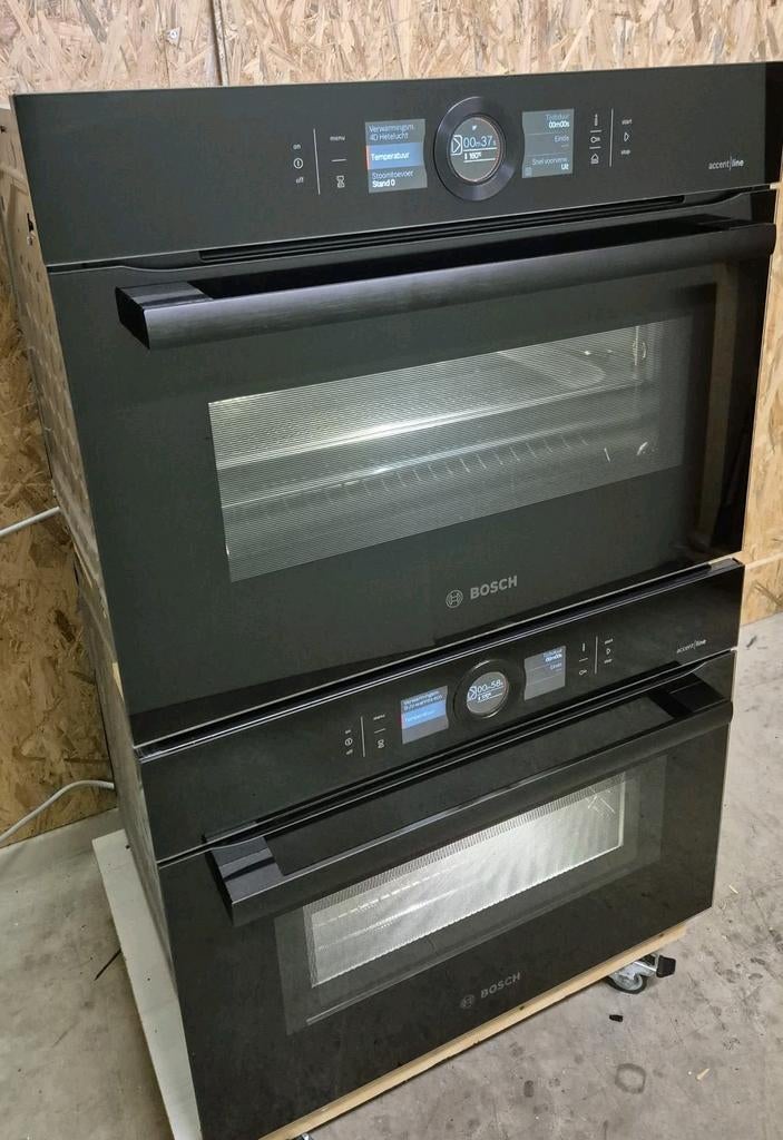 Luxe Bosch set:Combi oven/magnetron met Combi stoom-bak oven, Ophalen, Combimagnetron, Hete lucht, Zo goed als nieuw