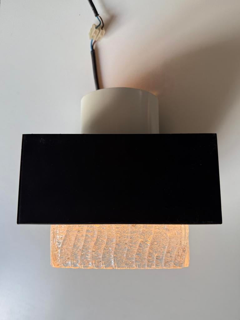 4 x Vintage Philips plafondlamp zwart/wit metaal + ice glas, Ophalen of Verzenden, Gebruikt, Glas