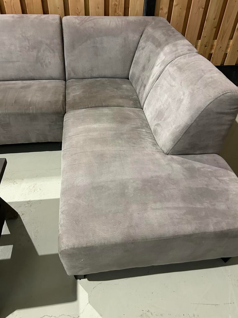 Grijze microleder hoekbank - Zo goed als nieuw!, 250 tot 300 cm, 125 tot 150 cm, ., Hoekbank