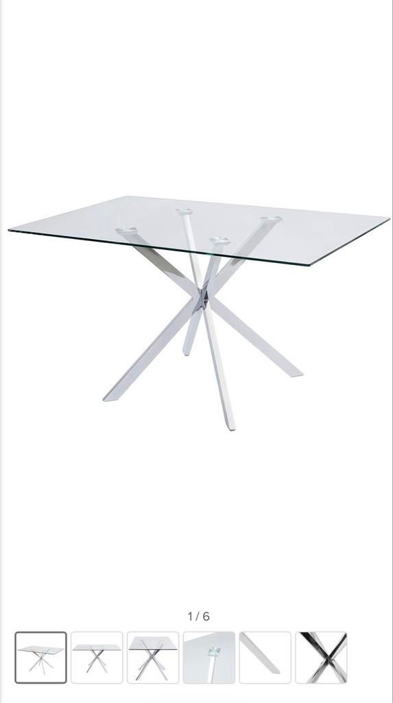 Moderne tafel met gehard glazen blad en zilveren onderstel, Ophalen, 100 tot 150 cm, 150 tot 200 cm, Vier personen