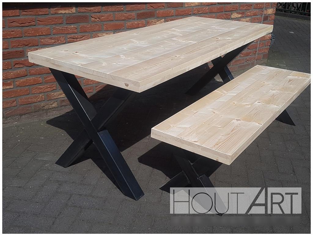 Bank stalen x-poten met steigerhout!, Info@hout-art.nl, Nieuw, Ophalen of Verzenden, Hoeves 3 in Schijndel