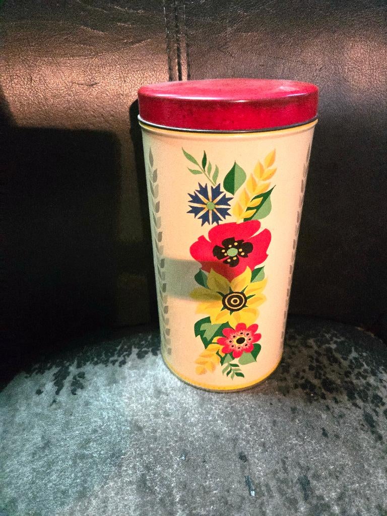 vintage Verkade beschuitbus uit de jaren 60 H21 cm Ø10.5 cm, Verzamelen, Blikken, Ophalen, Gebruikt, Beschuit, Verkade