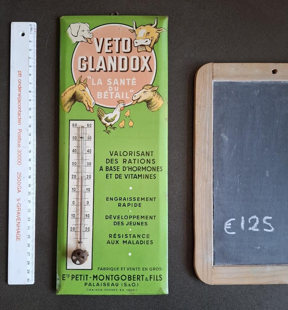 thermometer metalen / emaille bord voeder kuiken gevaar blik, Ophalen of Verzenden, Gebruikt, Reclamebord