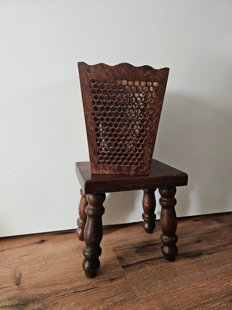 Vintage teakhouten plat opvouwbare prullenbak/plantenhouder, Ophalen of Verzenden