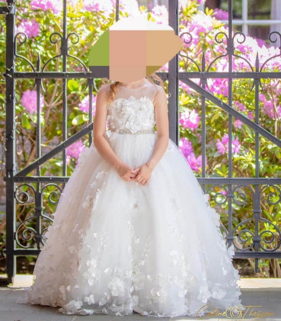 Witte communiejurk met bloemen en steentjes, Kinderen en Baby's, Kinderkleding | Overige, Ophalen, Zo goed als nieuw, Meisje
