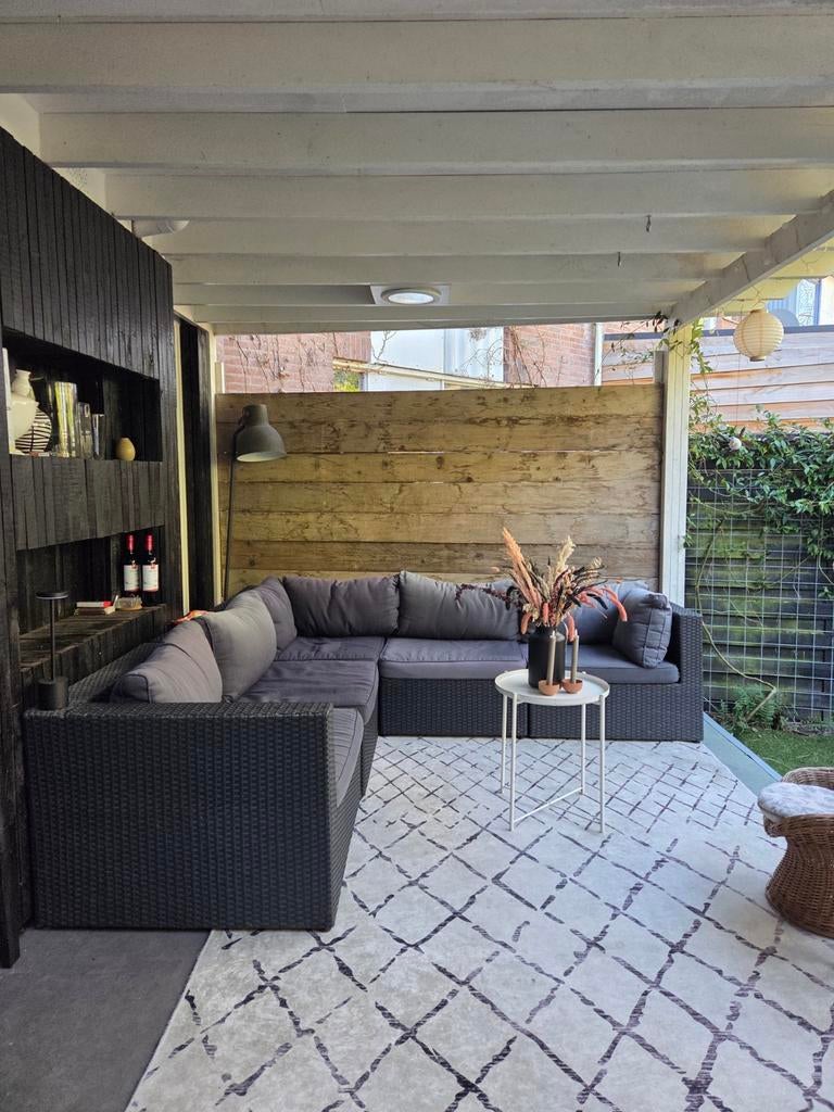 Grote loungeset met grijze kussens incl. 2 hockers en kist, Ophalen of Verzenden