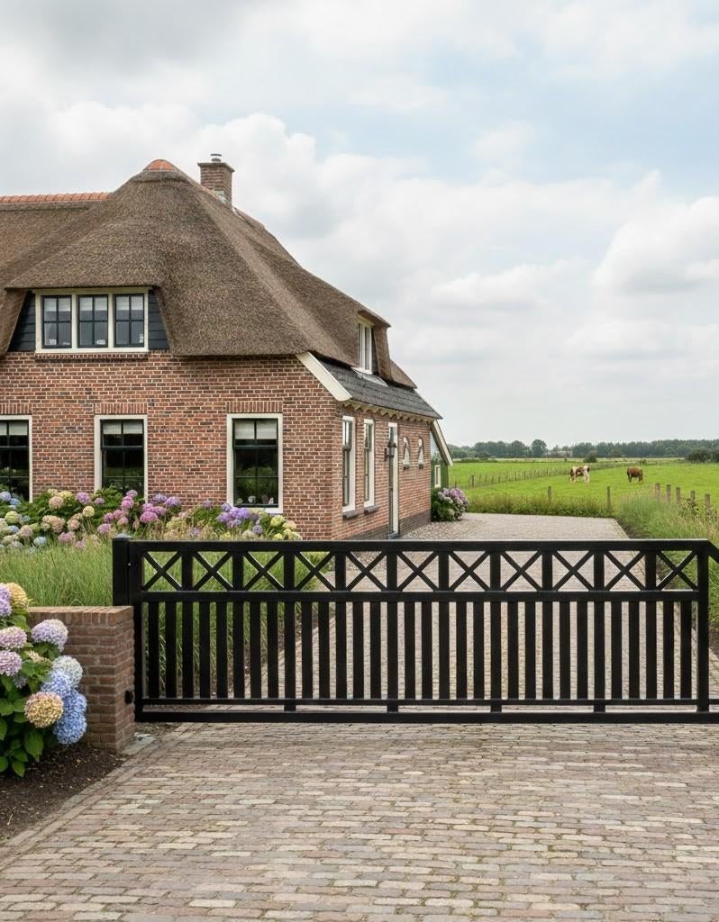 Woodlook schuifpoort nieuw model: 400x150cm zwart compleet!, Met poort, Nieuw, IJzer, Spijlenhekwerk