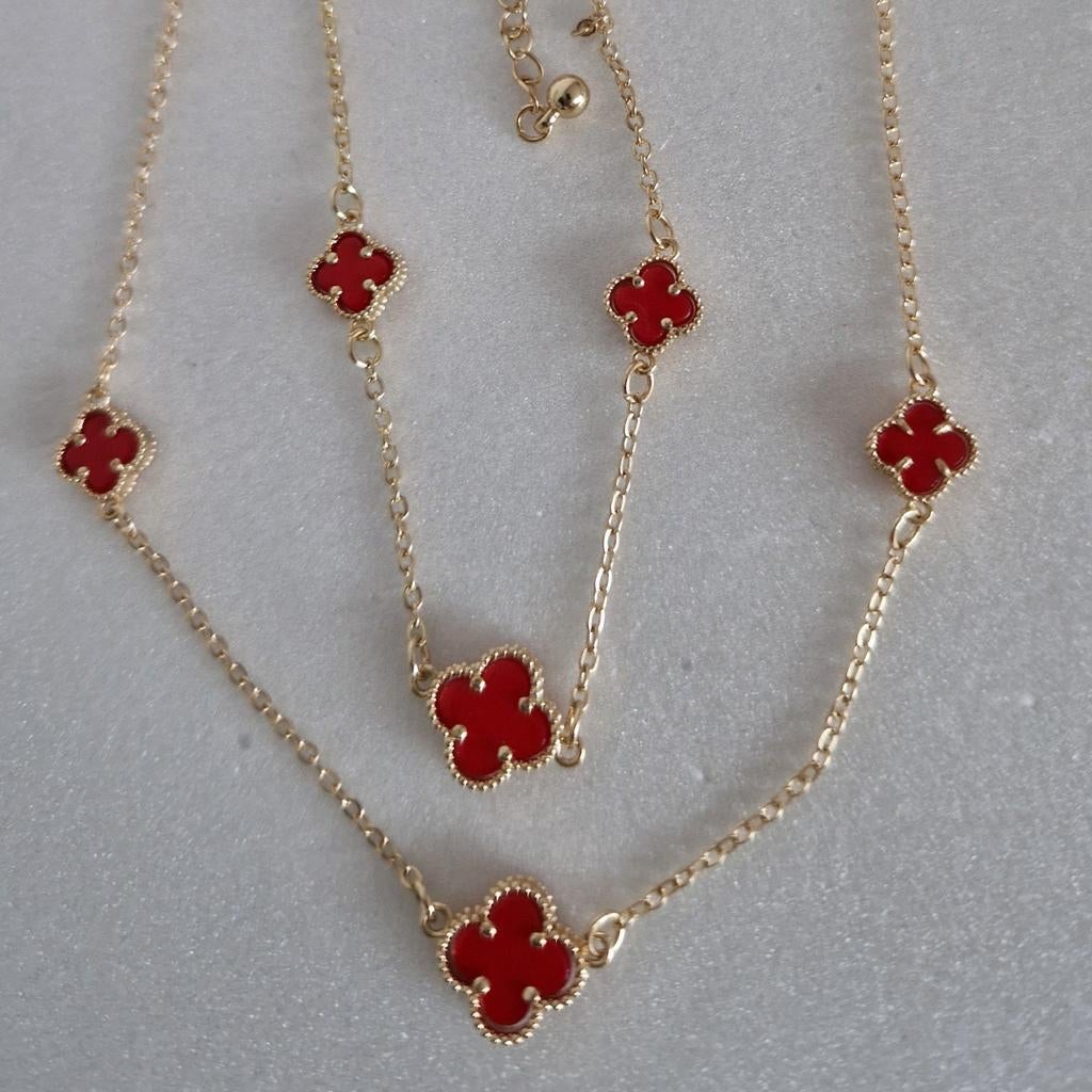 Prachtige klaver ketting met armband 14kt gold plated rood, Overige materialen, Verstelbaar, Nieuw, Ophalen of Verzenden