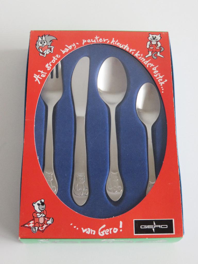 Gero kinder bestekset met beertje 4-delig (kinderbestekje), Ophalen of Verzenden, Gebruikt, Rvs of Chroom, Bestekset