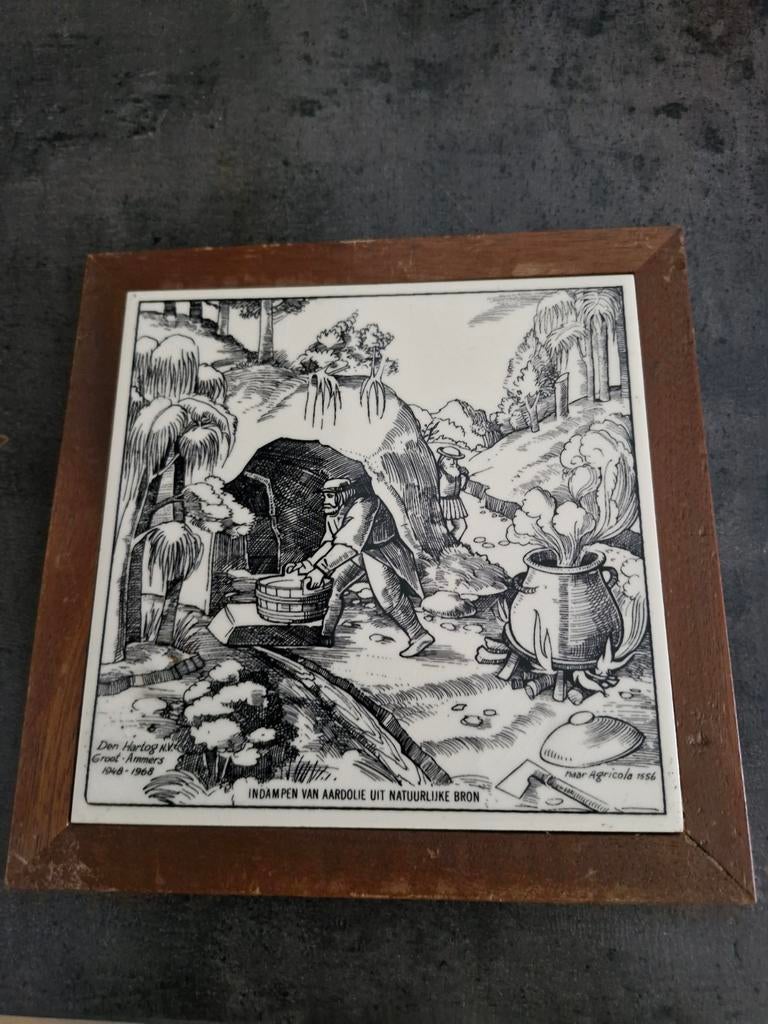 Vintage Tegeltableau - Indampen van Aardolie, Huis en Inrichting, Ophalen of Verzenden