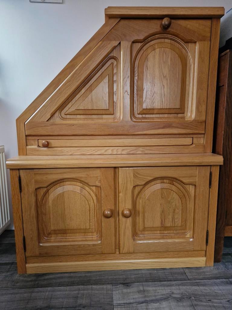Massief blank eiken bureau/secretaire kastje, Ophalen, Gebruikt, Eikenhout, 50 tot 100 cm