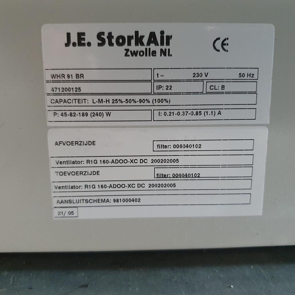 Stork /Zehnder WTW Whr 90 / 91 L/R werkend, Ophalen, Gebruikt, Ventilator en Afzuiger