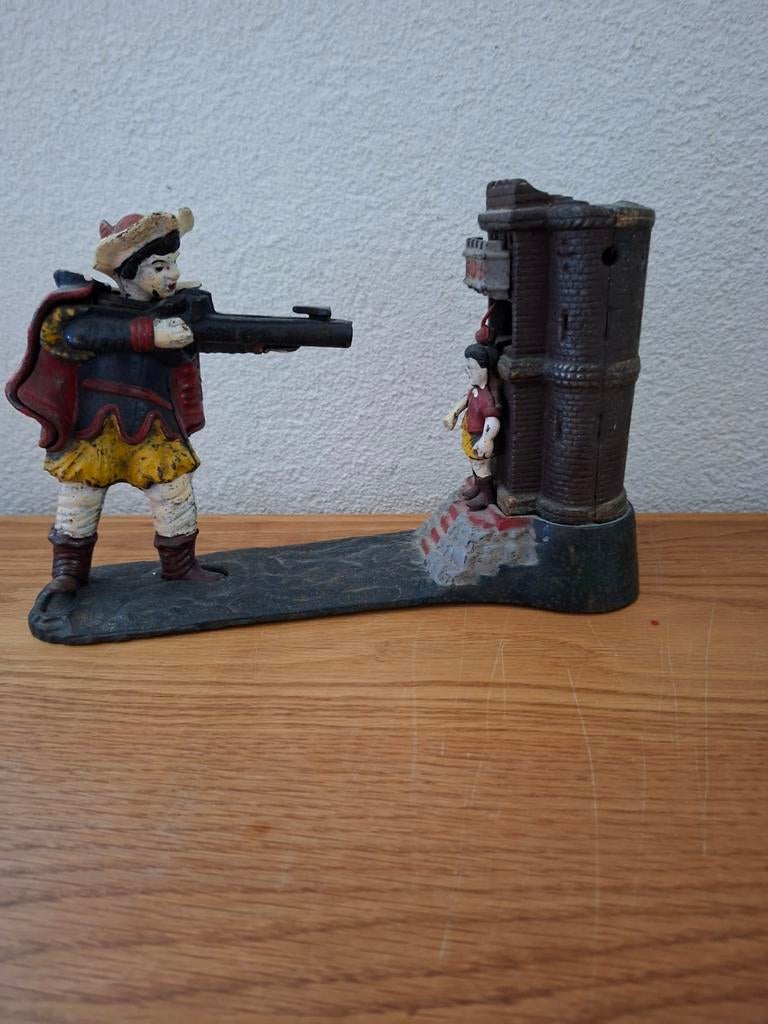 Antieke Mechanische Spaarpot - Schutter en Toren, Antiek en Kunst, Ophalen