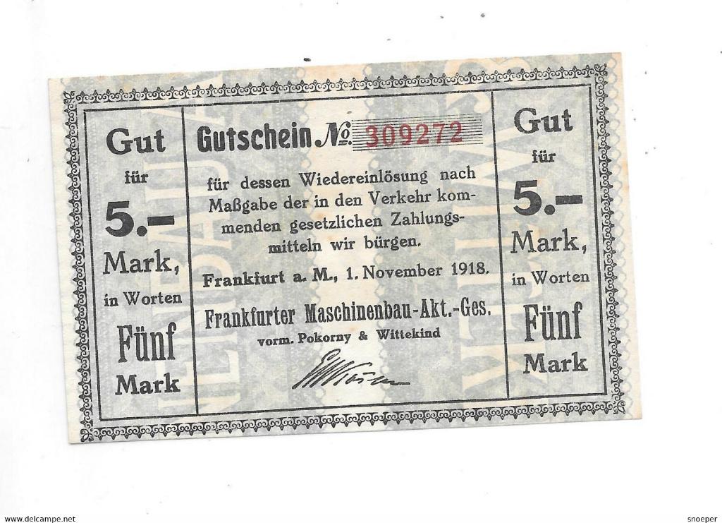 frankfurt 5 mark 1/11/1918 152.02 catalog val 8, 00 euro, Ophalen of Verzenden, Duitsland, Los biljet