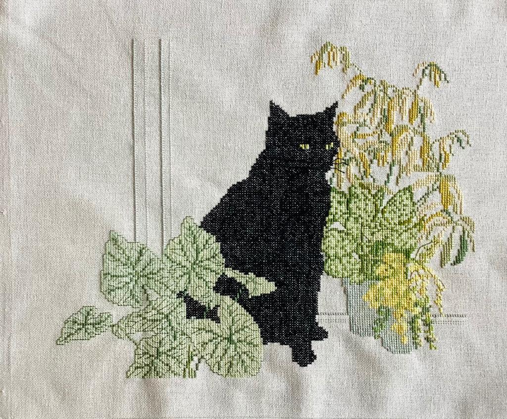 Borduurwerk, zijde, zwarte kat, plant, vensterbank, vintage, Ophalen, Gebruikt, Handborduren, Overige typen