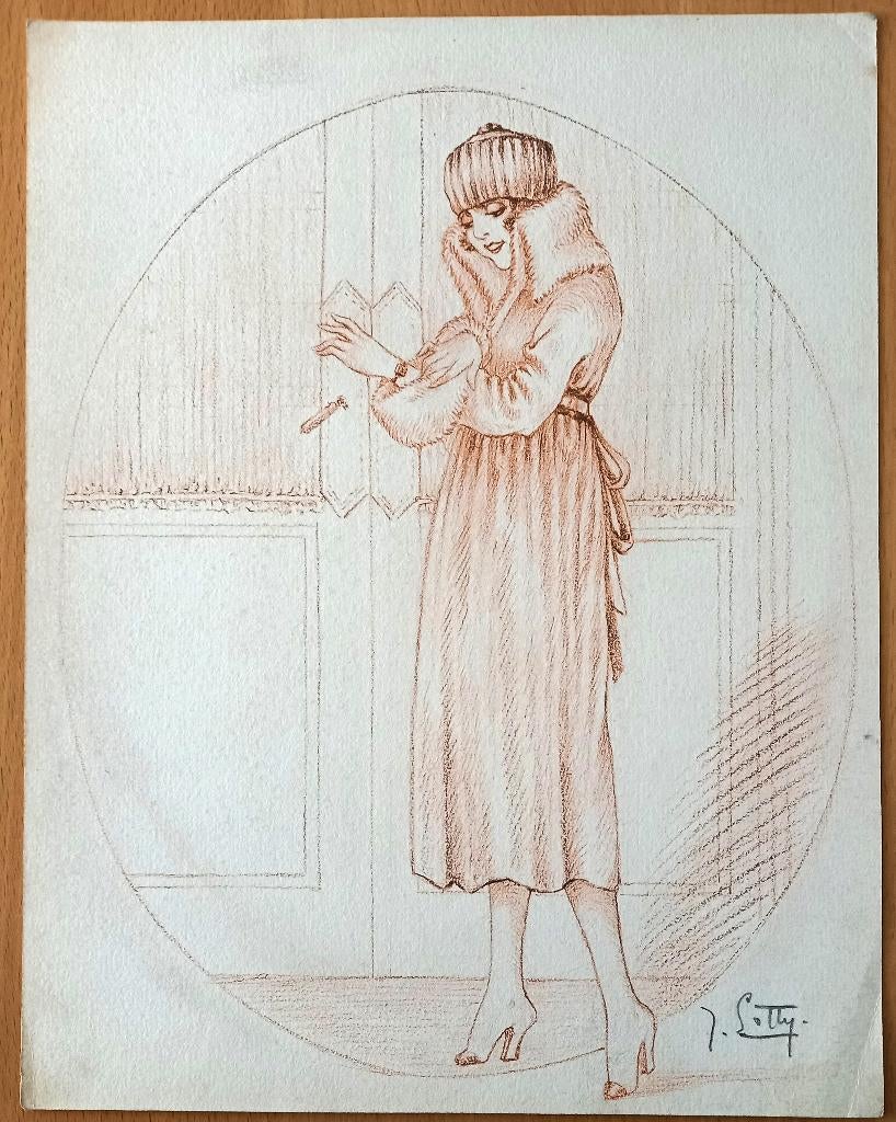 A493-82 Oude tekening Vrouw in bontjas en muts bij deur, Ophalen of Verzenden