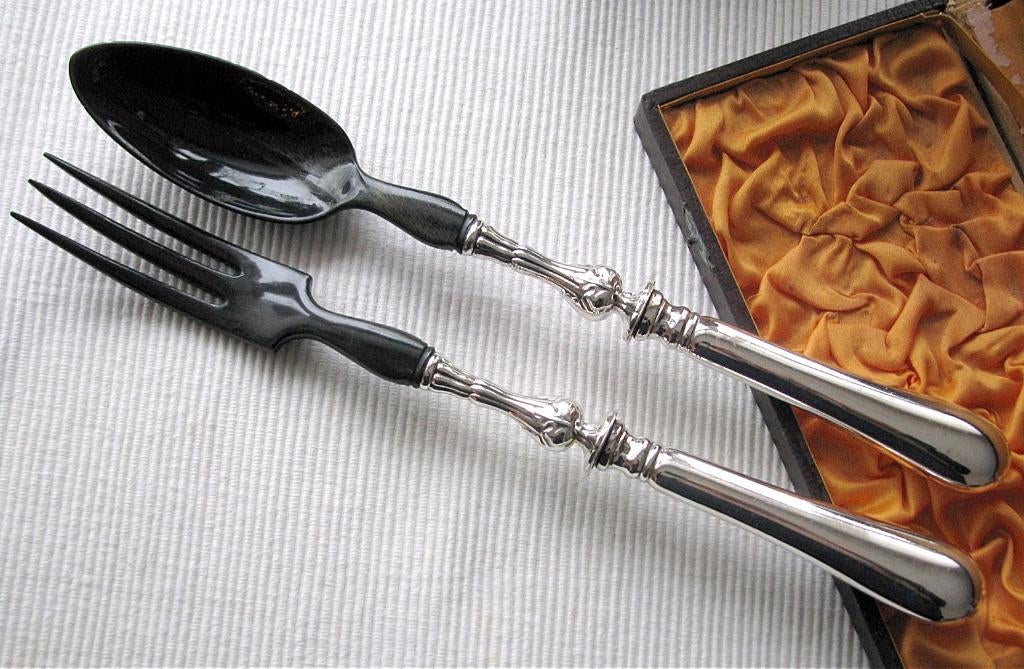 Elegant antiek slacouvert / slabestek zilver + zwart hoorn, Antiek en Kunst, Ophalen of Verzenden