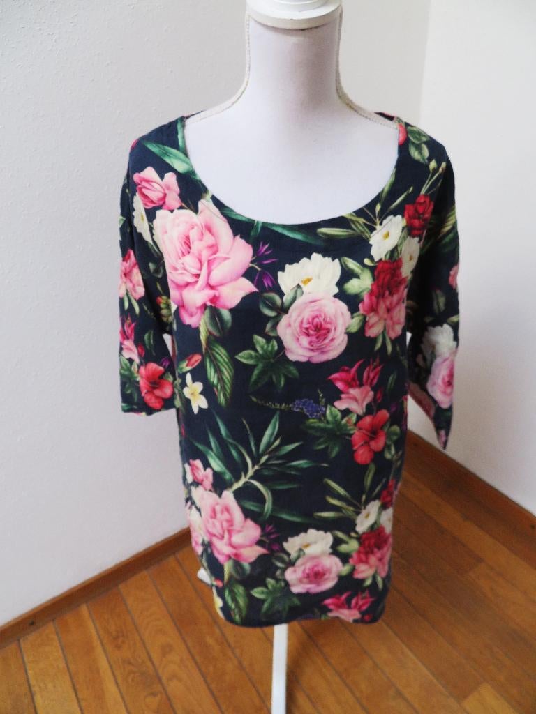 W22 MADE IN ITALY linnen blouse shirt blauw roze L 42/44, Made in Italy, Blauw, Maat 42/44 (L), Ophalen of Verzenden