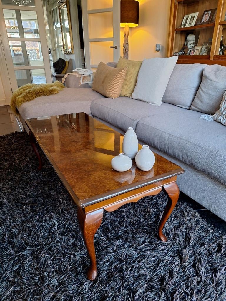 Vintage notenhouten salontafel met glazen blad 120 x 50 x 50, Gebruikt, 100 tot 150 cm, Minder dan 50 cm, Rechthoekig