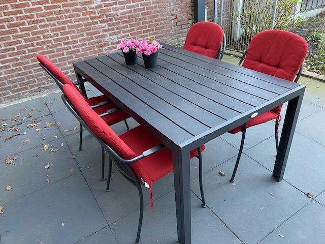 Tuinset, parasol 4x4, betonnen voet en ligbed met kussen, Ophalen, Zo goed als nieuw, Tuinset, Eettafel