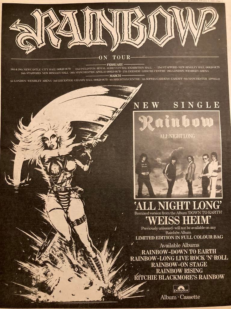 Paginagrote A3 advertentie RAINBOW All Night Long tour, Ophalen of Verzenden
