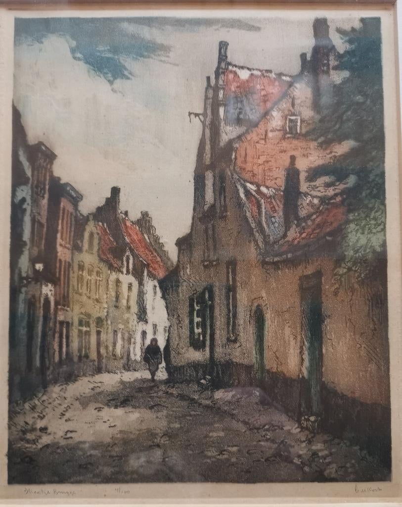 Kees de Kort kleuren ets 4 / 100 straatje Brugge, Antiek en Kunst, Kunst | Etsen en Gravures, Ophalen of Verzenden