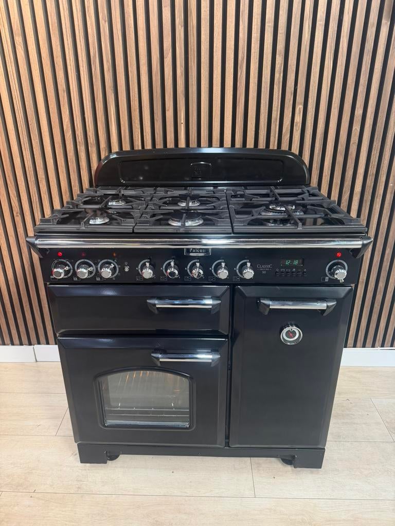 Mooie zwarte Falcon De Luxe Fornuis 90 cm (Gratis bezorgen), 5258sh, Ophalen of Verzenden, Zo goed als nieuw, Energieklasse A of zuiniger