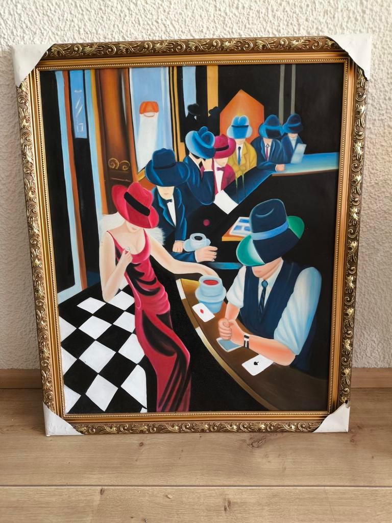 Art Deco Schilderij op Canvas - Stijlvolle Barscène, Antiek en Kunst, Ophalen