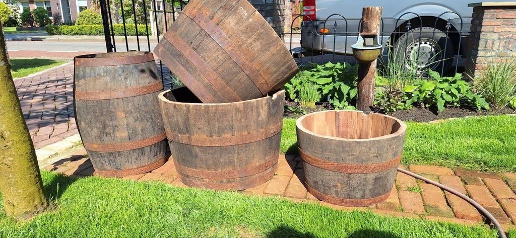Wijnvaten whiskyvaten bloembakken 70€, Tuin en Terras, Bloembakken en Plantenbakken, Ophalen of Verzenden, Rond, Hout