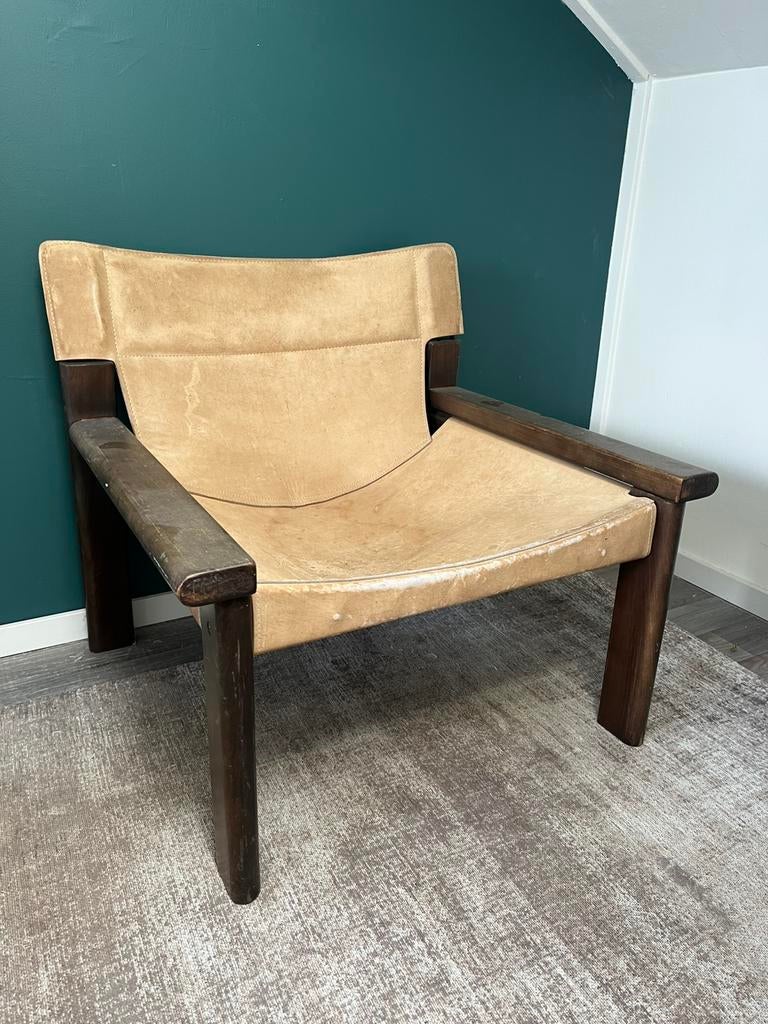 Vintage leren safari stil - mid century stujl, Ophalen, Minder dan 75 cm, Vintage, Leer