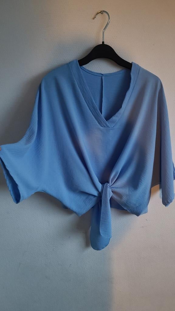 Lichtblauwe blouse met knoopdetail, Kleding | Dames, Tops, Zo goed als nieuw, Maat 38/40 (M), Blauw, Korte mouw, Ophalen of Verzenden