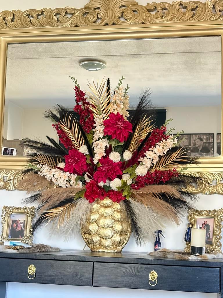 Bloemstuk met gouden schildpad vaas, Overige materialen, Overige kleuren, 50 tot 75 cm, Ophalen of Verzenden