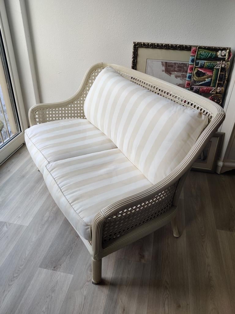 Vintage ratan en hout bankje met wasbare hoezen -, Ophalen, Tweepersoons, 75 tot 100 cm, Minder dan 150 cm