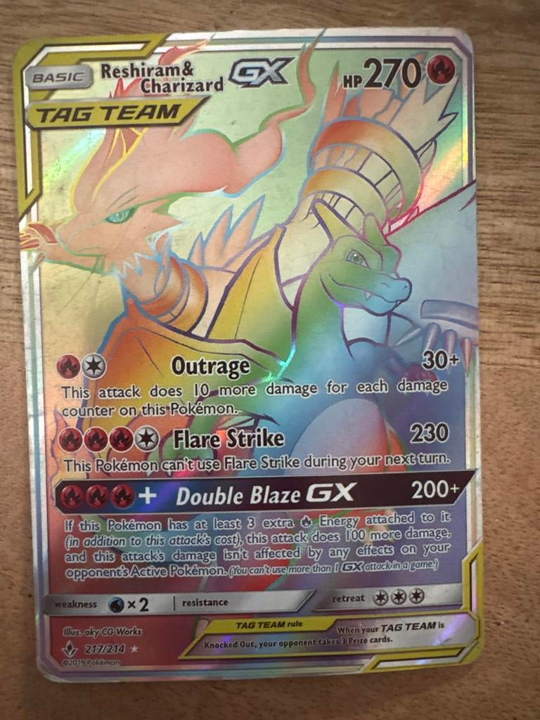 Pokemon kaart Reshiram & Charizard GX TAG TEAM Rainbow Rare, Hobby en Vrije tijd, Verzamelkaartspellen | Pokémon, Zo goed als nieuw