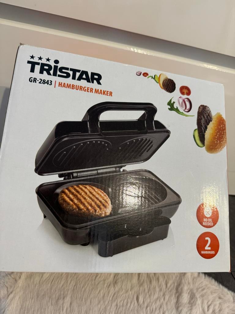 Nieuwe Tristar GR-2843 Hamburger Maker - Maak 2 Hamburgers!, Witgoed en Apparatuur, Contactgrills, Nieuw, Ophalen of Verzenden