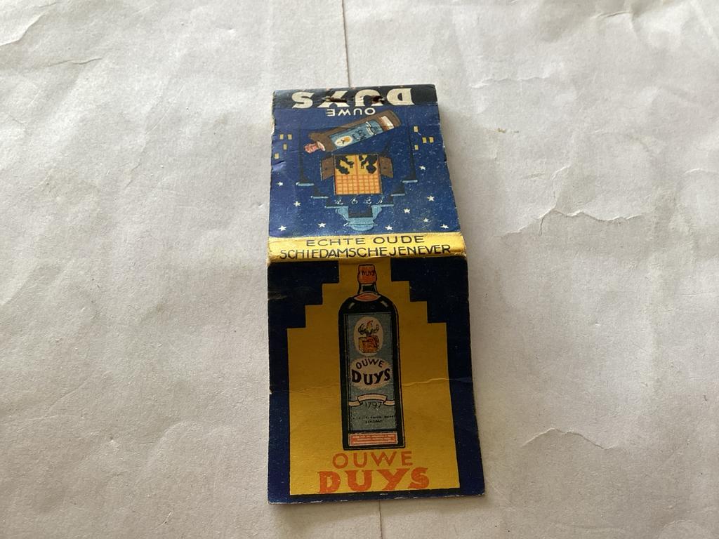 Vintage luciferboekje "Ouwe Duys" jenever Schiedam, Ophalen of Verzenden, Gebruikt, Gebruiksvoorwerp