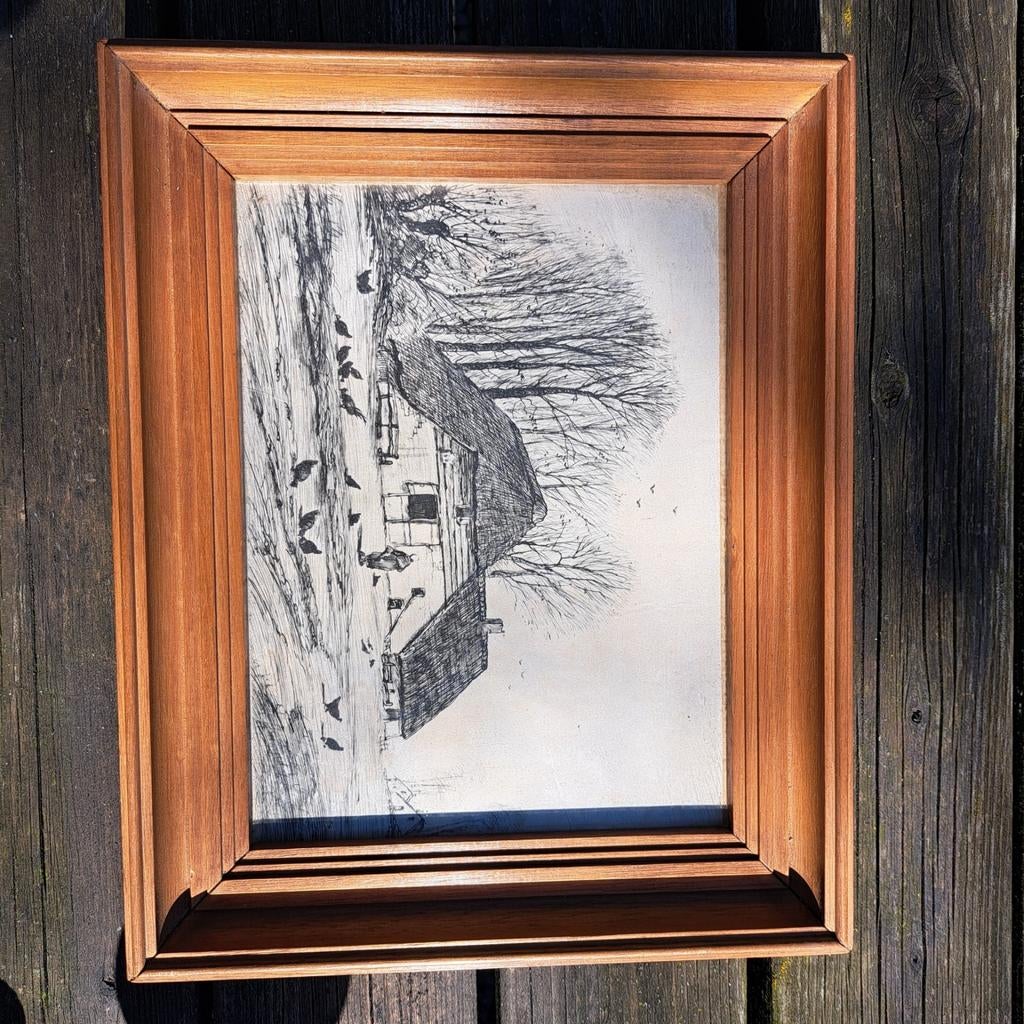 Ingelijste tekening van boerderij met kippen, Antiek en Kunst, Ophalen