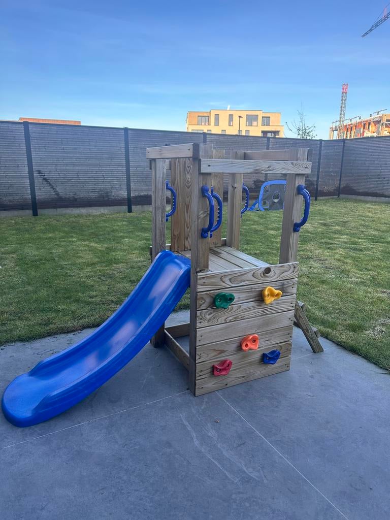 Houten speeltoestel met glijbaan en klimwand, Kinderen en Baby's, Speelgoed | Buiten | Speeltoestellen, Ophalen, Gebruikt, Glijbaan