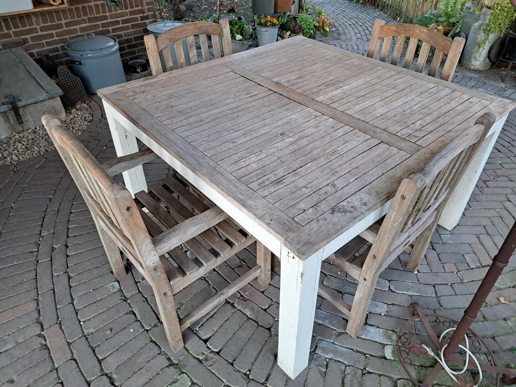 Teakhouten tuinset met vierkante tafel,  stoelen met leuning, Tuin en Terras, Tuinsets en Loungesets, Gebruikt, Tuinset, Teakhout