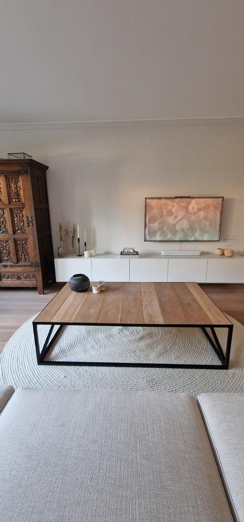 Industriële salontafel stalen frame eiken blad, Huis en Inrichting, Ophalen, Zwart, Overige typen, Zo goed als nieuw