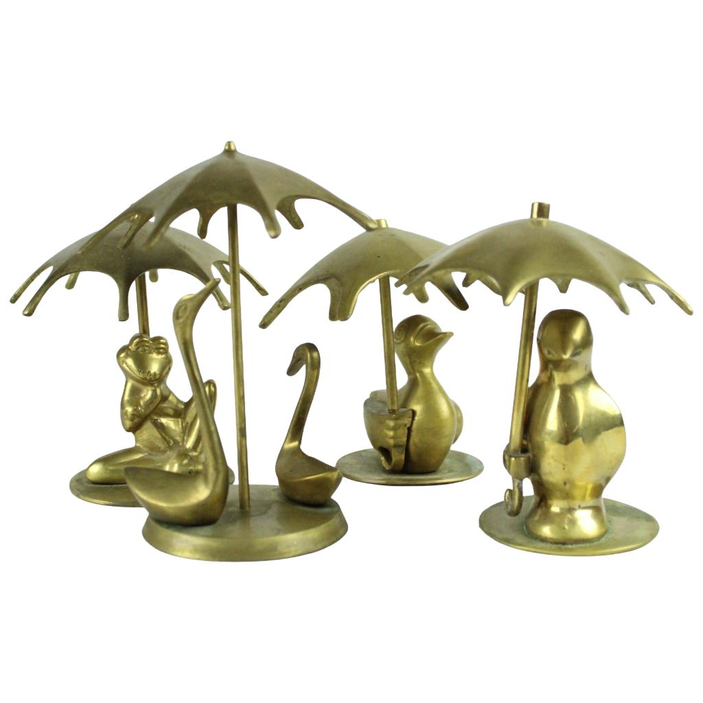 Set messing dier beeldjes met parasol – ca. 1960–1980, Ophalen of Verzenden