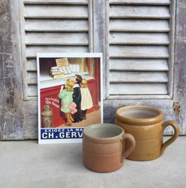 Set antieke grès potten bruin / mosterd kleurig