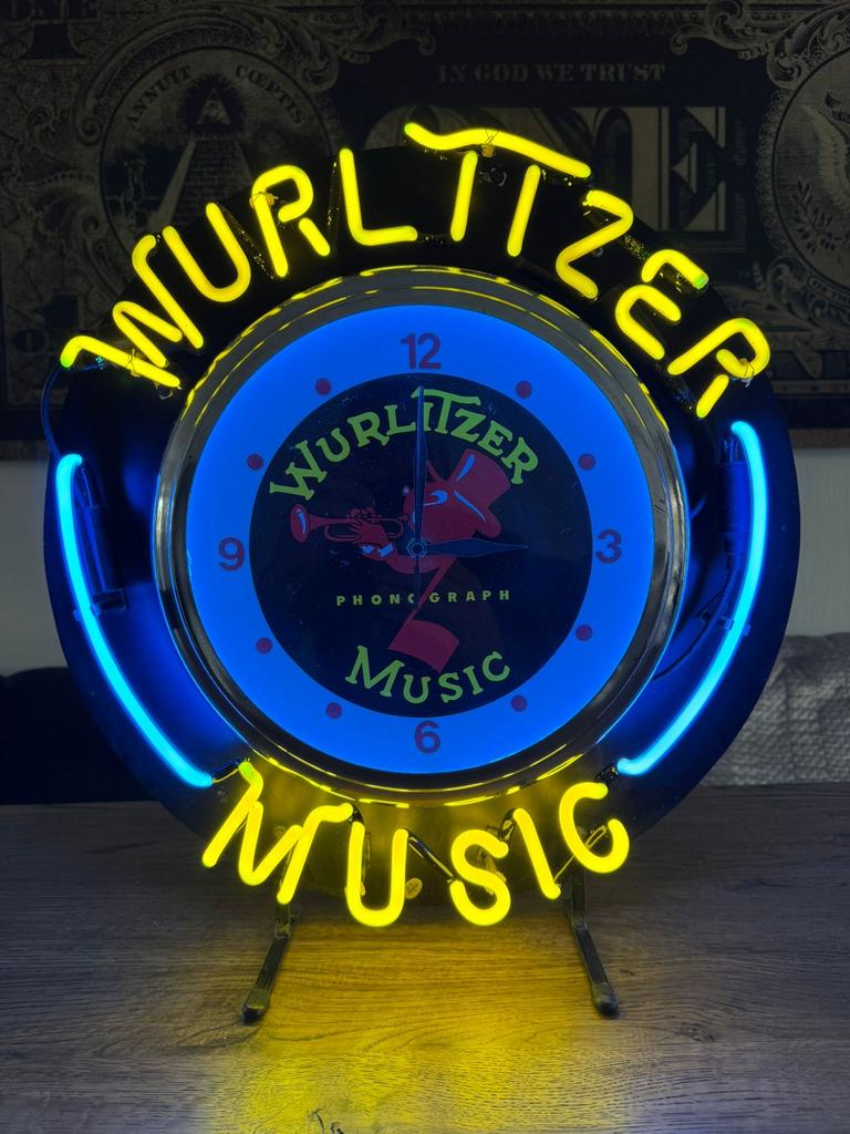 Wurlitzer klok met neon verlichting, Verzamelen, Merken en Reclamevoorwerpen, Ophalen, Zo goed als nieuw, Lichtbak of (neon) lamp