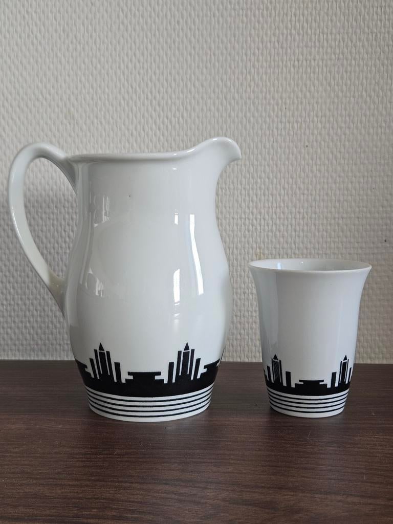Antieke melkset kan beker Mosa Art Deco skyline porselein, Antiek en Kunst, Ophalen of Verzenden