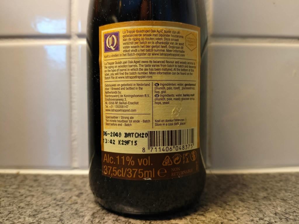Uniek trappistenbier La Trappe Quadrupel oak aged batch 20, Verzamelen, Biermerken, Ophalen of Verzenden, Zo goed als nieuw, Flesje(s)